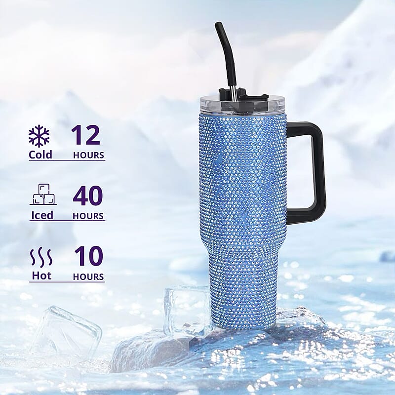 Blue Crystal Double Walled Water Bottle with Straw 40 oz