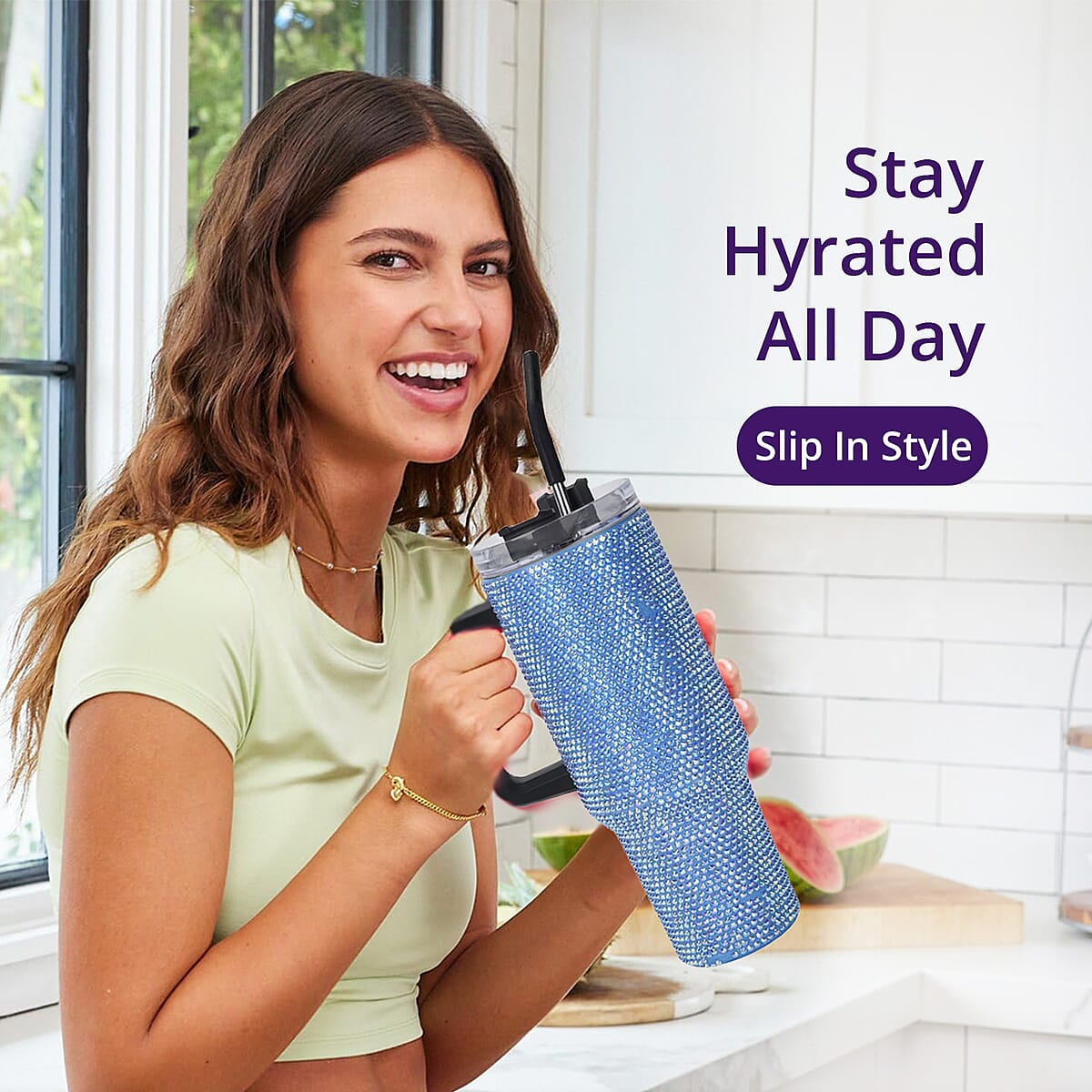 Blue Crystal Double Walled Water Bottle with Straw 40 oz image number 8