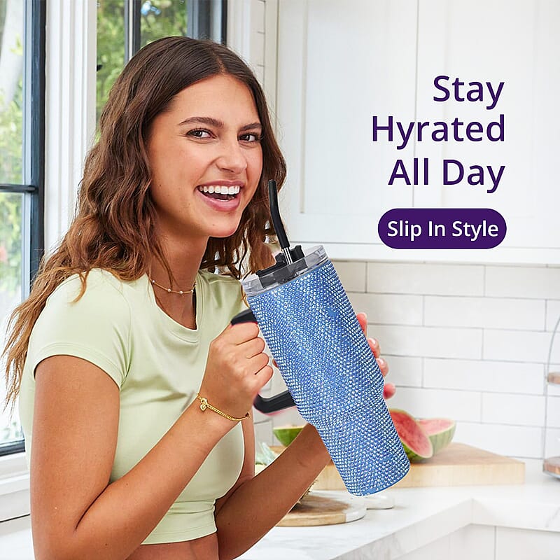 Blue Crystal Double Walled Water Bottle with Straw 40 oz