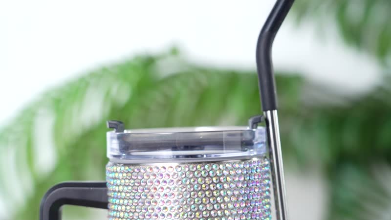 White Rhinestone Water Bottle with Straw 40 oz