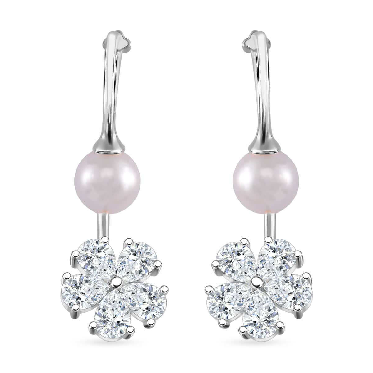 White Shell Pearl and Simulated Diamond Earrings in Silvertone and Stainless Steel image number 0