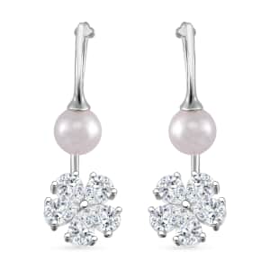 White Shell Pearl and Simulated Diamond Earrings in Silvertone and Stainless Steel