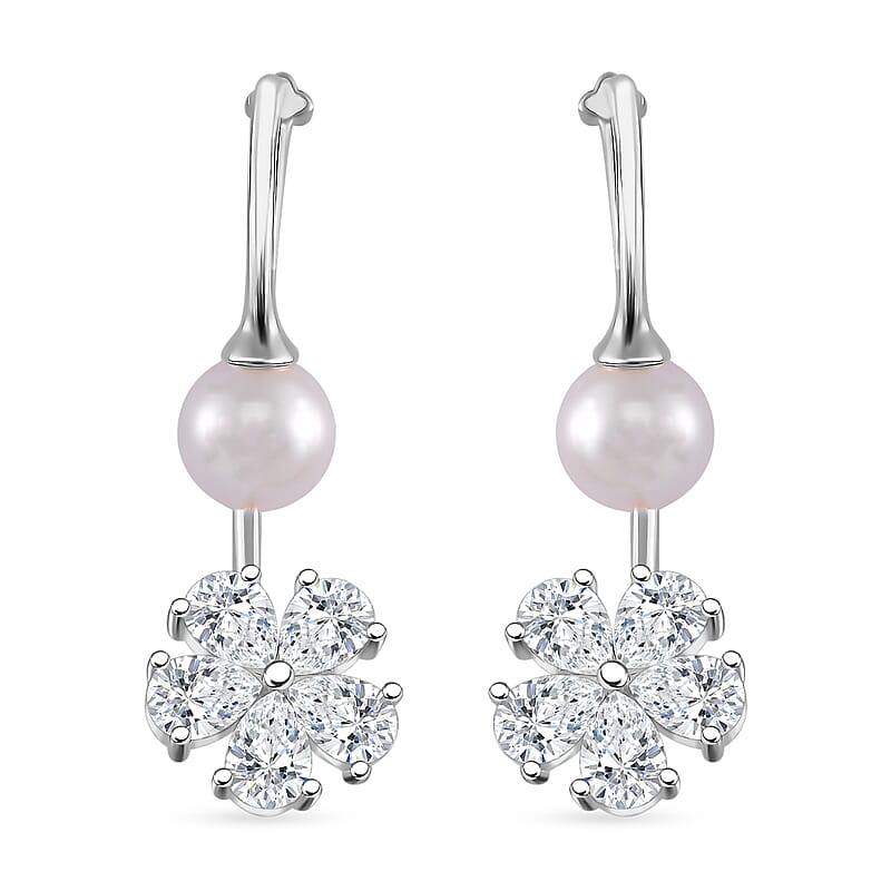 White Shell Pearl and Simulated Diamond Earrings in Silvertone and Stainless Steel