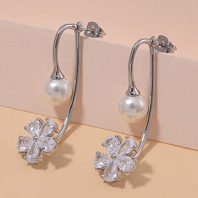 White Shell Pearl and Simulated Diamond Earrings in Silvertone and Stainless Steel