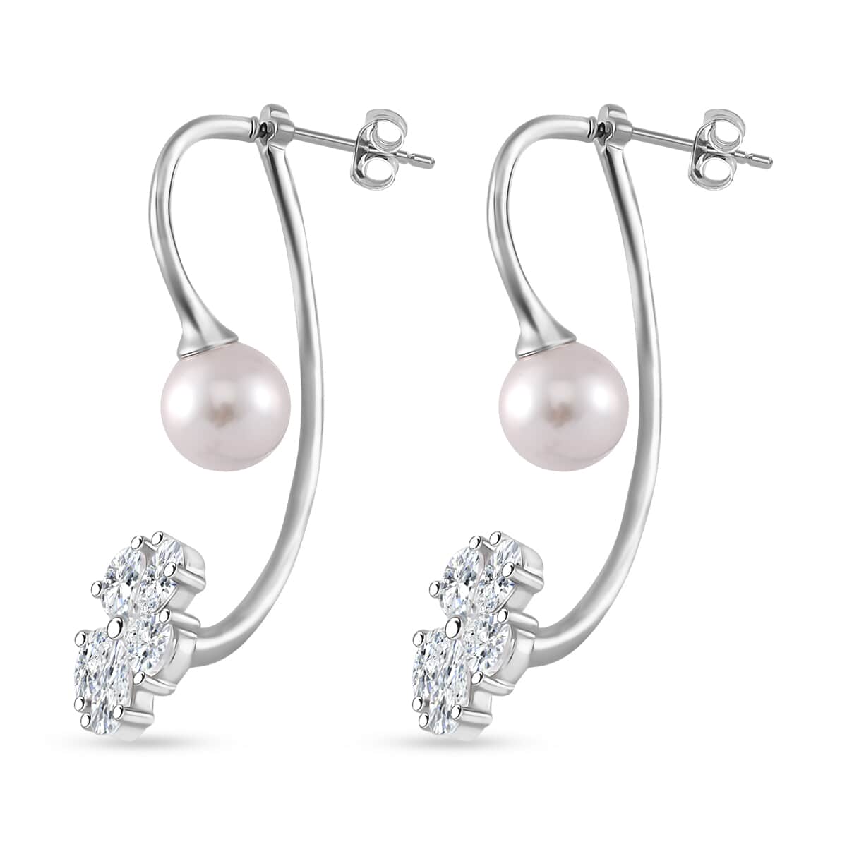 White Shell Pearl and Simulated Diamond Earrings in Silvertone and Stainless Steel image number 3