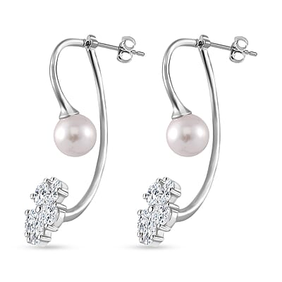 White Shell Pearl and Simulated Diamond Earrings in Silvertone and Stainless Steel