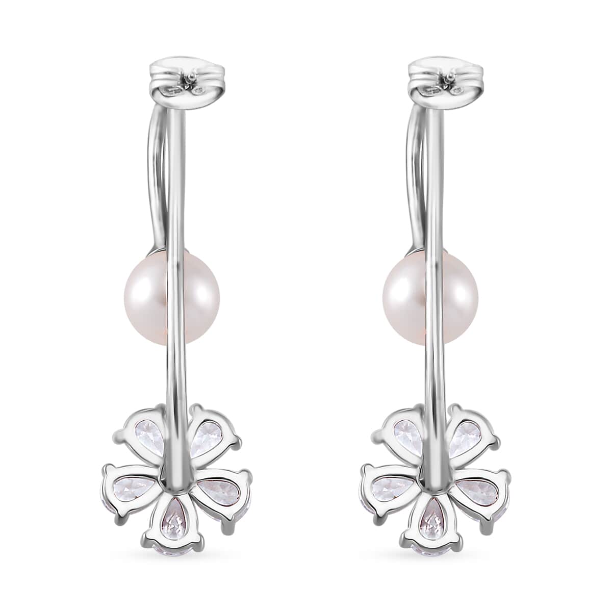 White Shell Pearl and Simulated Diamond Earrings in Silvertone and Stainless Steel image number 4