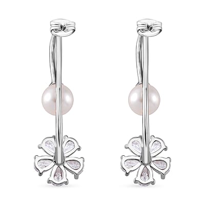 White Shell Pearl and Simulated Diamond Earrings in Silvertone and Stainless Steel