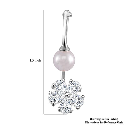 White Shell Pearl and Simulated Diamond Earrings in Silvertone and Stainless Steel