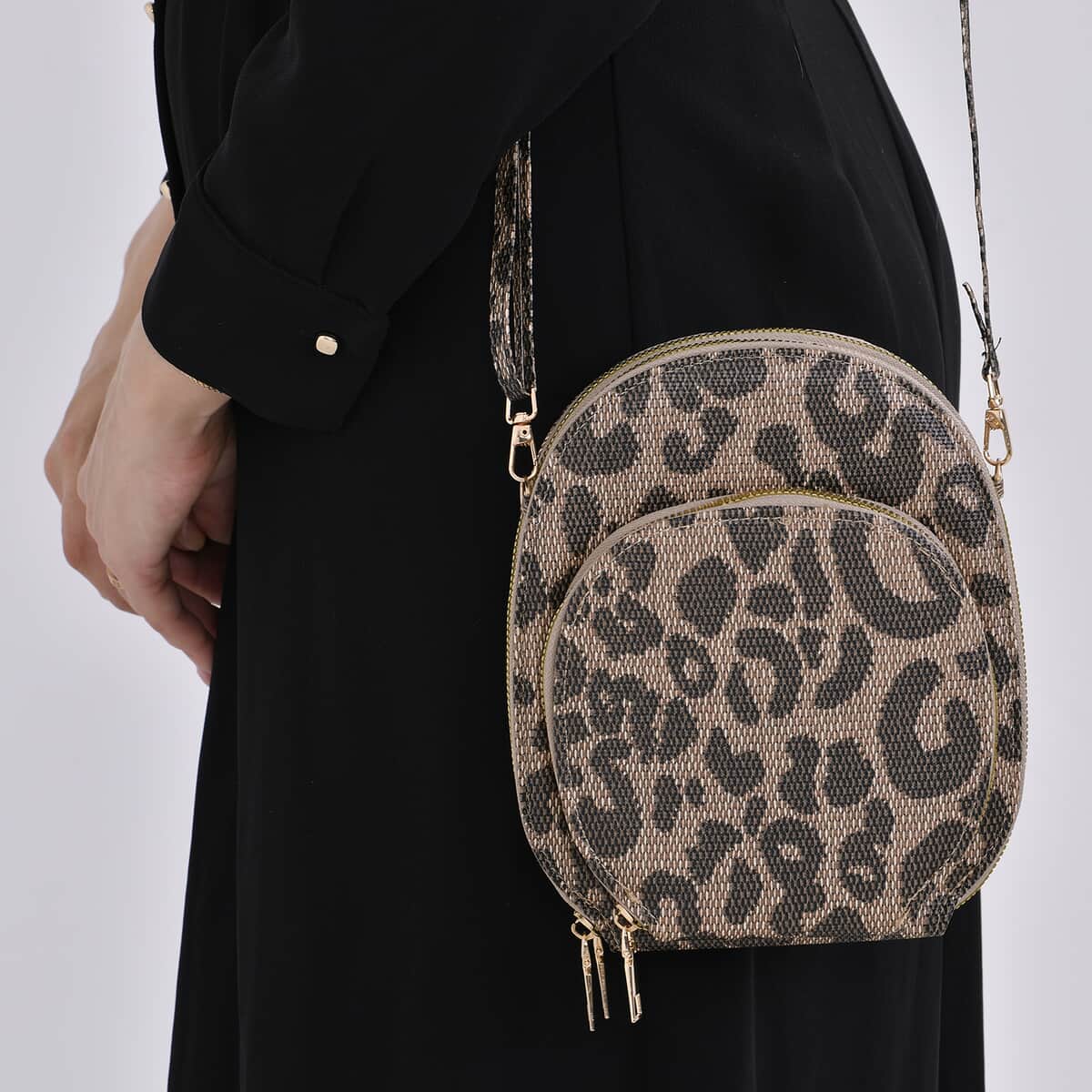 Coffee Leopard Faux Leather Crossbody Cell Phone Bag with Long Strap image number 2