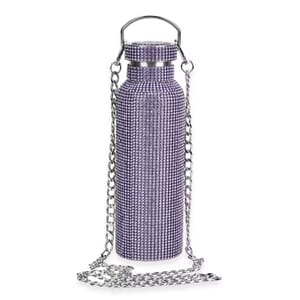 Crystal Studded Double Walled Stainless Steel Water Bottle with Detachable Chain Shoulder Strap 20oz- Purple