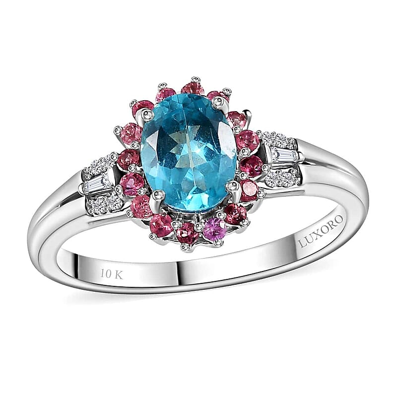 Luxoro 10K White Gold Premium Madagascar Paraiba Apatite, Pink Tourmaline and G-H I2 Diamond Ring 1.60 ctw