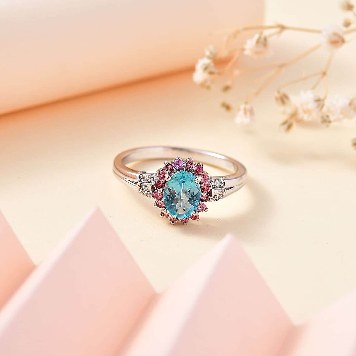 Luxoro Premium Paraiba Apatite, Pink Tourmaline and G-H I2 Diamond 1.60 ctw Ring in 10K White Gold (Size 8.0) image number 1
