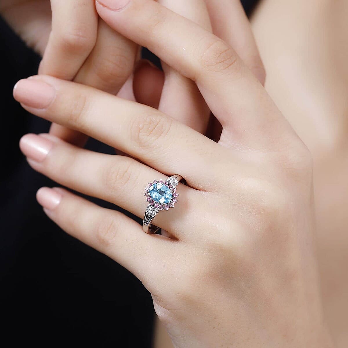 Luxoro Premium Paraiba Apatite, Pink Tourmaline and G-H I2 Diamond 1.60 ctw Ring in 10K White Gold (Size 8.0) image number 2