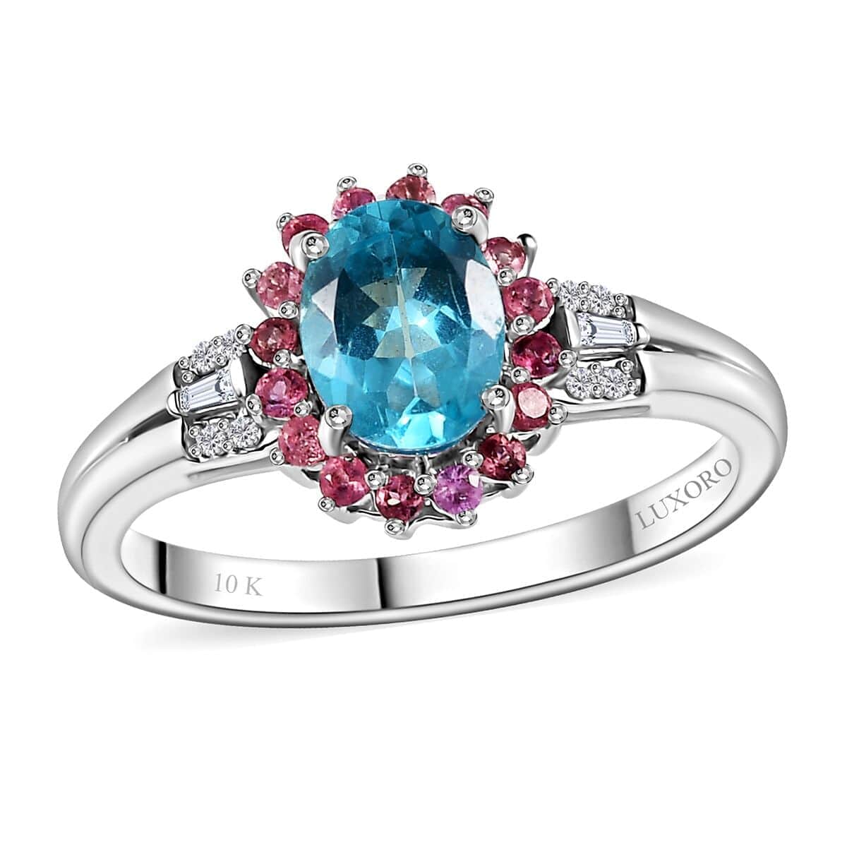 Luxoro 10K White Gold Premium Madagascar Paraiba Apatite, Pink Tourmaline and G-H I2 Diamond Ring 1.60 ctw image number 0