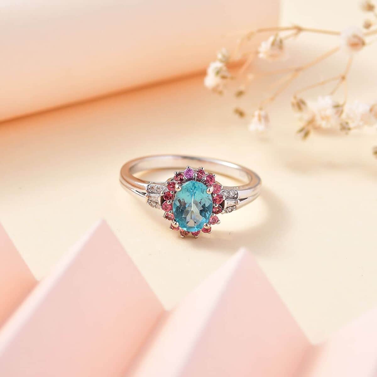 Luxoro 10K White Gold Premium Madagascar Paraiba Apatite, Pink Tourmaline and G-H I2 Diamond Ring 1.60 ctw image number 1