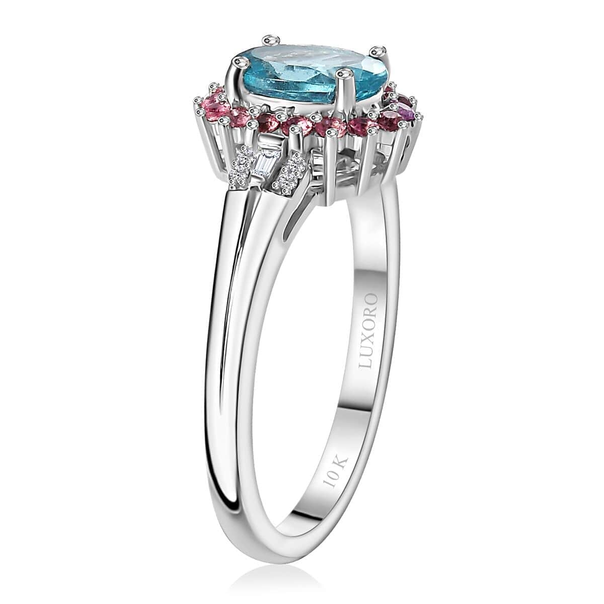 Luxoro 10K White Gold Premium Madagascar Paraiba Apatite, Pink Tourmaline and G-H I2 Diamond Ring 1.60 ctw image number 3