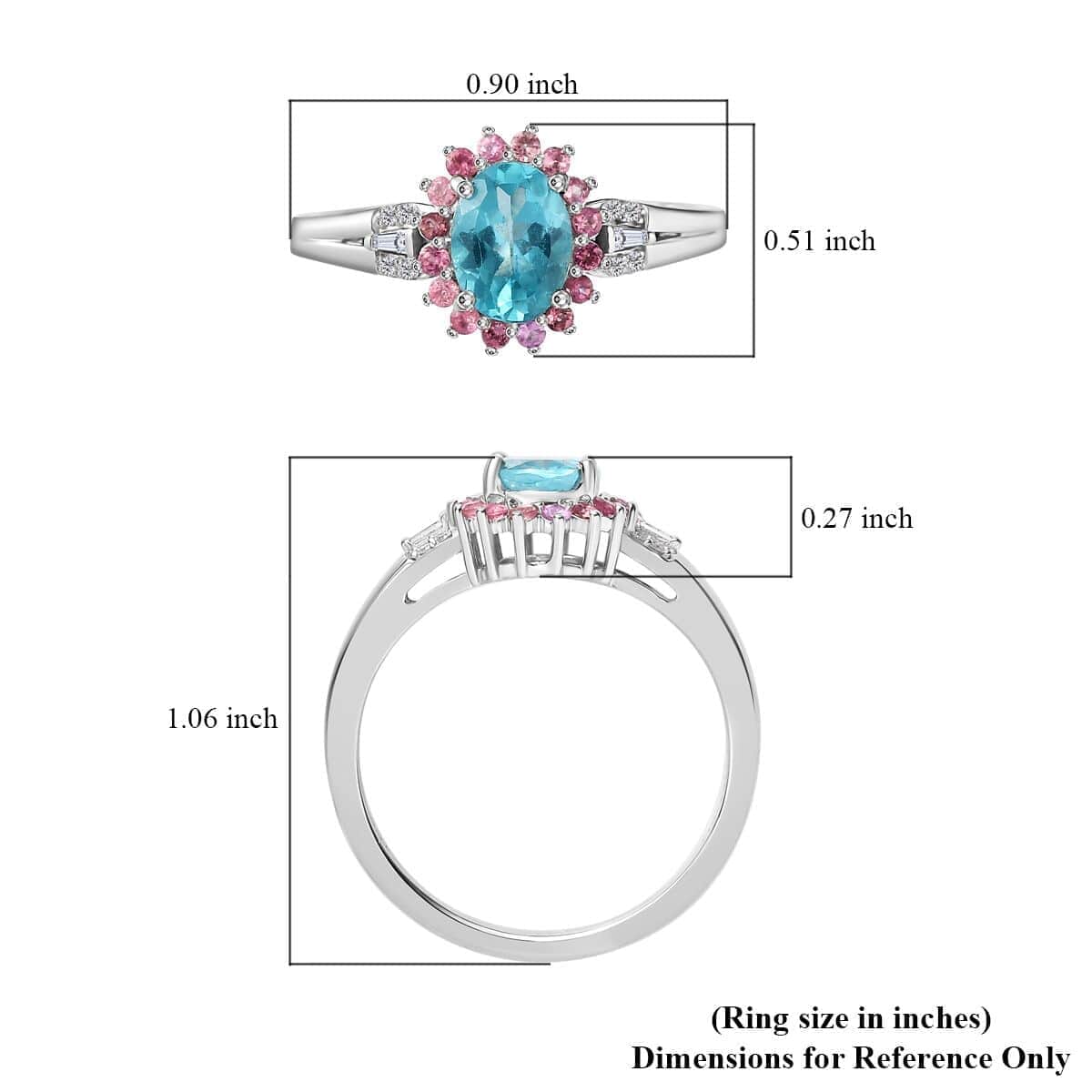 Luxoro 10K White Gold Premium Madagascar Paraiba Apatite, Pink Tourmaline and G-H I2 Diamond Ring 1.60 ctw image number 5