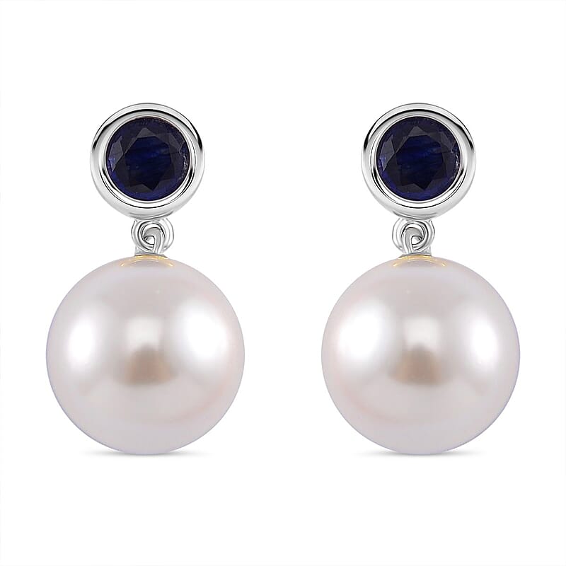 White Shell Pearl and Masoala Sapphire (D) 1.75 ctw Earrings in Platinum Over Sterling Silver