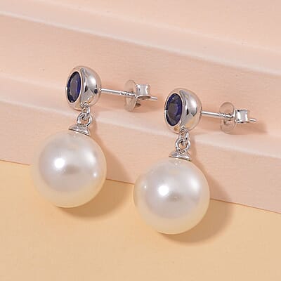 White Shell Pearl and Masoala Sapphire (D) 1.75 ctw Earrings in Platinum Over Sterling Silver