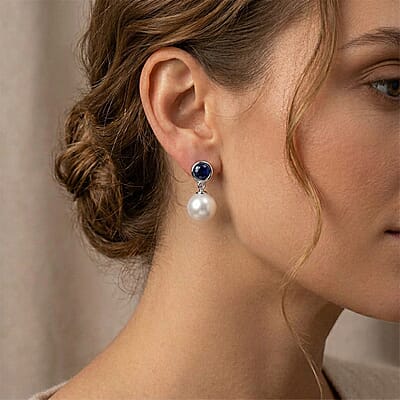 White Shell Pearl and Masoala Sapphire (D) 1.75 ctw Earrings in Platinum Over Sterling Silver