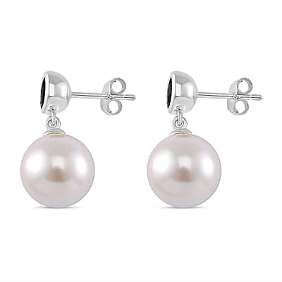 White Shell Pearl and Masoala Sapphire (D) 1.75 ctw Earrings in Platinum Over Sterling Silver