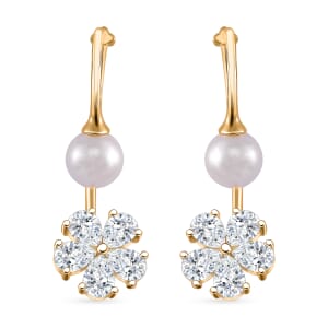 White Shell Pearl, Simulated Diamond Earrings in Goldtone and Stainless Steel 4.10 ctw