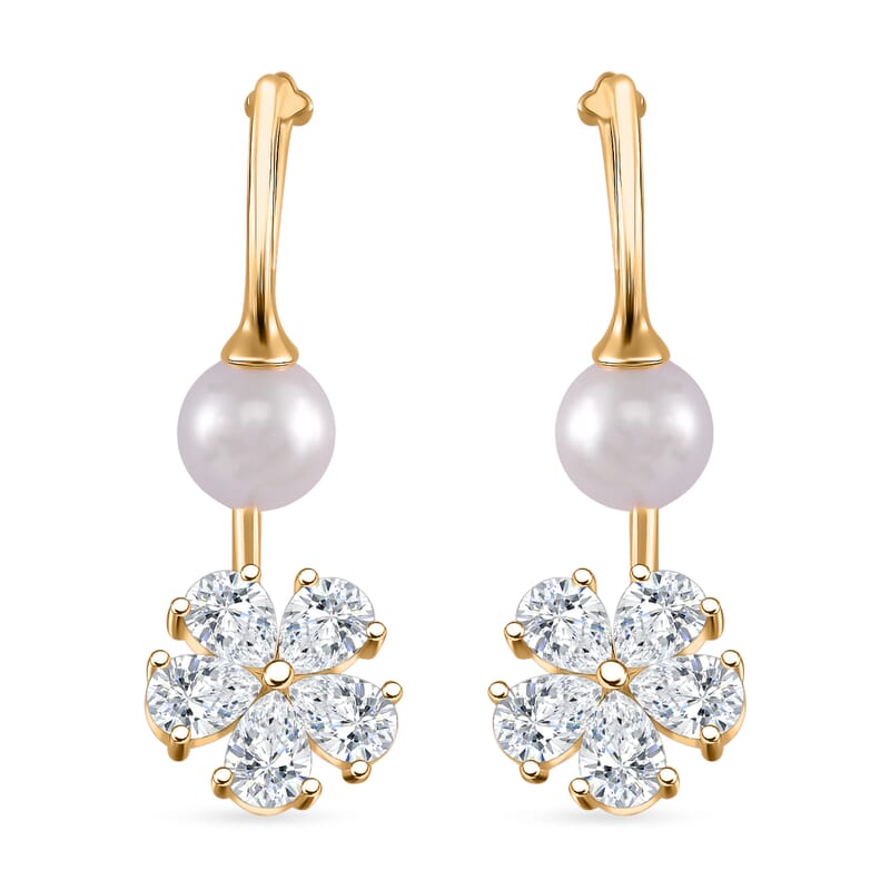 White Shell Pearl, Simulated Diamond Earrings in Goldtone and Stainless Steel 4.10 ctw