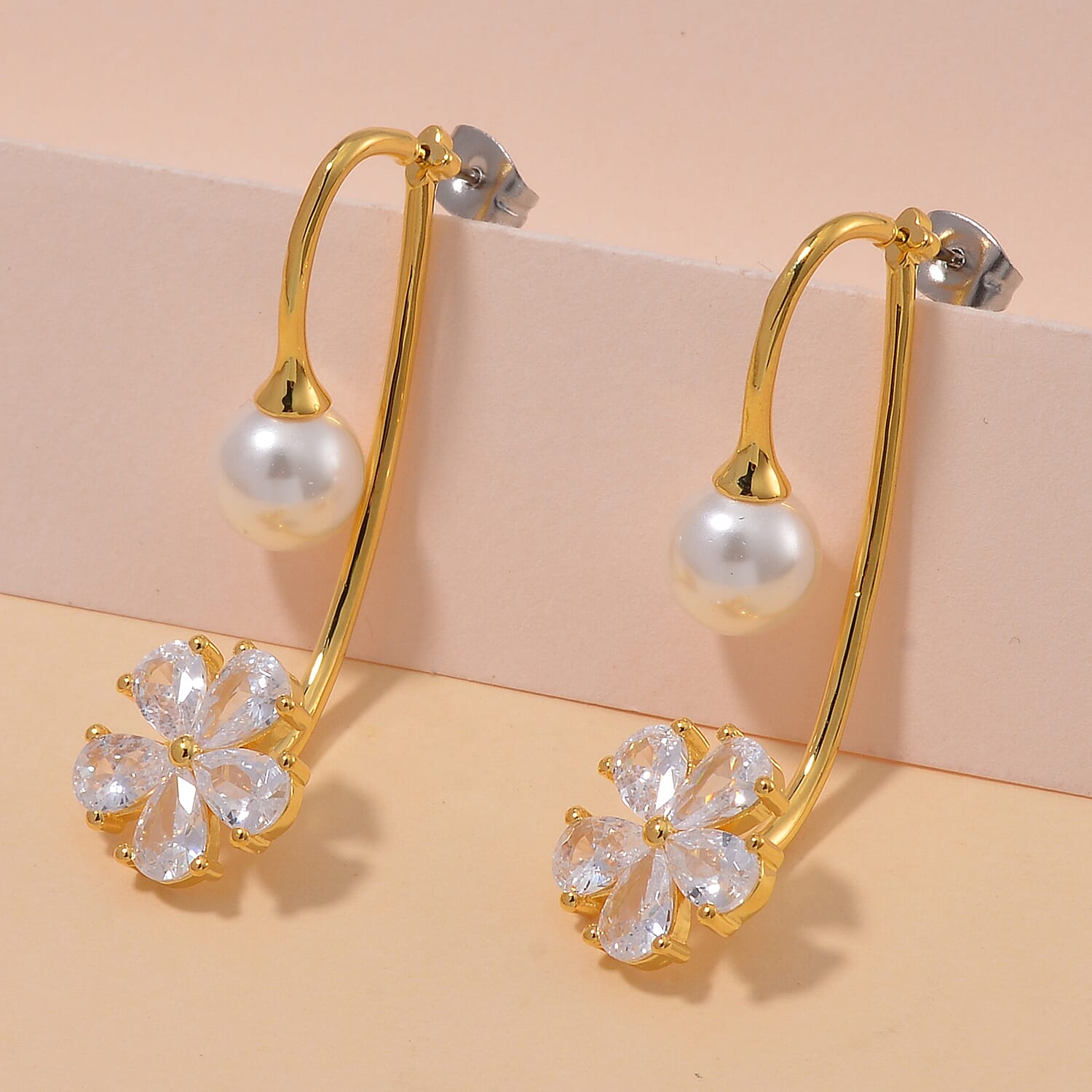 White Shell Pearl, Simulated Diamond Earrings in Goldtone and Stainless Steel 4.10 ctw