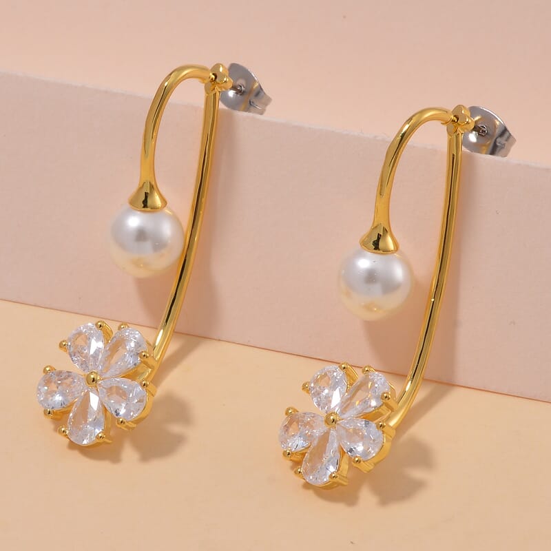 White Shell Pearl, Simulated Diamond Earrings in Goldtone and Stainless Steel 4.10 ctw