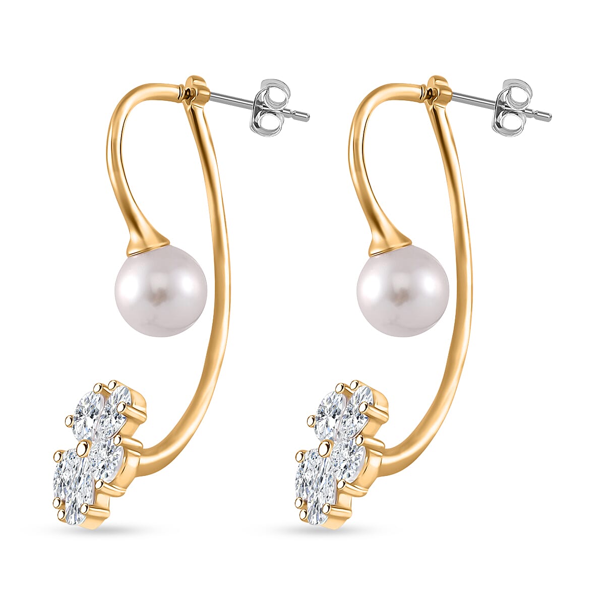 White Shell Pearl, Simulated Diamond Earrings in Goldtone and Stainless Steel 4.10 ctw