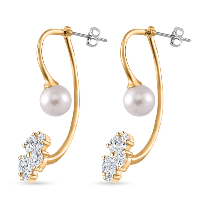 White Shell Pearl, Simulated Diamond Earrings in Goldtone and Stainless Steel 4.10 ctw