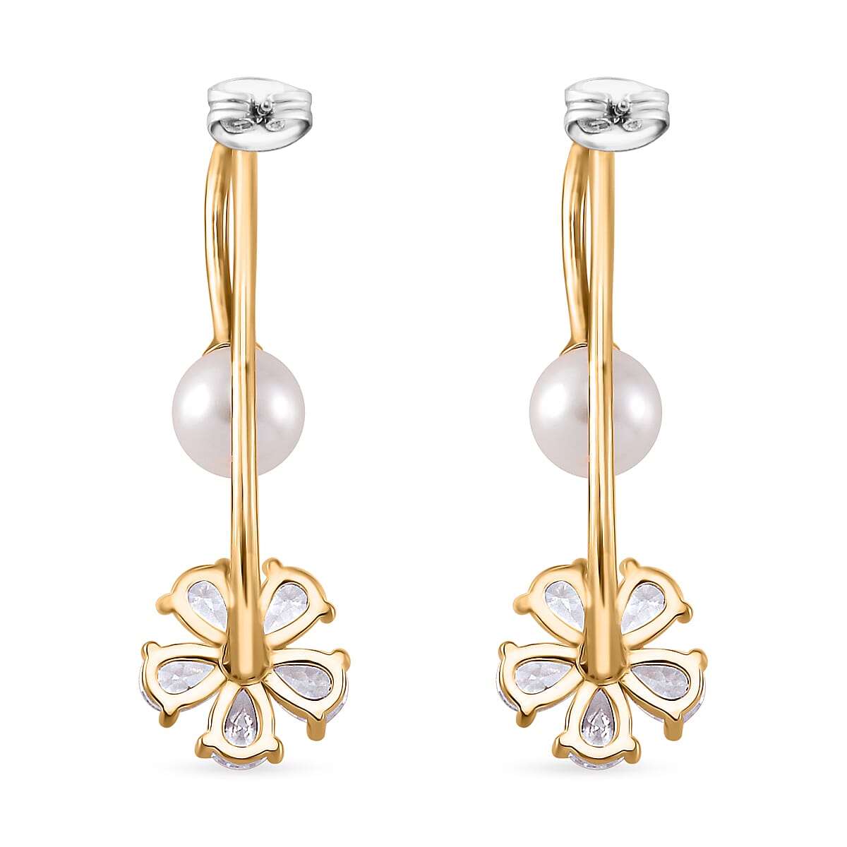 White Shell Pearl, Simulated Diamond Earrings in Goldtone and Stainless Steel 4.10 ctw