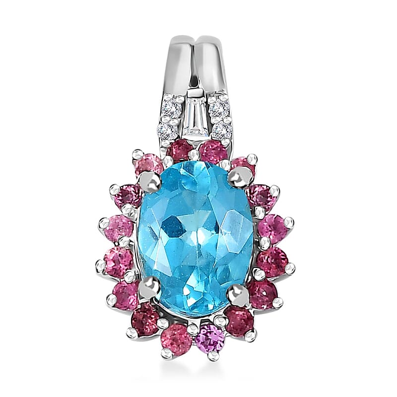 Luxoro 10K White Gold Premium Betroka Blue Apatite, Pink Tourmaline and G-H I2 Diamond Pendant 1.55 ctw