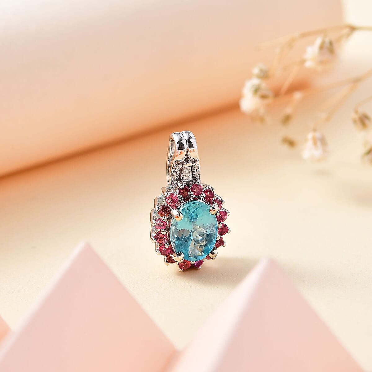 Luxoro 10K White Gold Premium Betroka Blue Apatite, Pink Tourmaline and G-H I2 Diamond Pendant 1.55 ctw image number 1