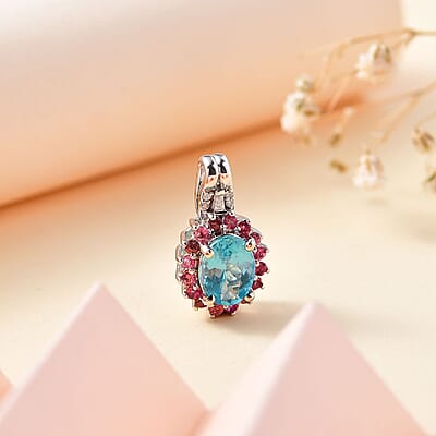 Luxoro 10K White Gold Premium Betroka Blue Apatite, Pink Tourmaline and G-H I2 Diamond Pendant 1.55 ctw