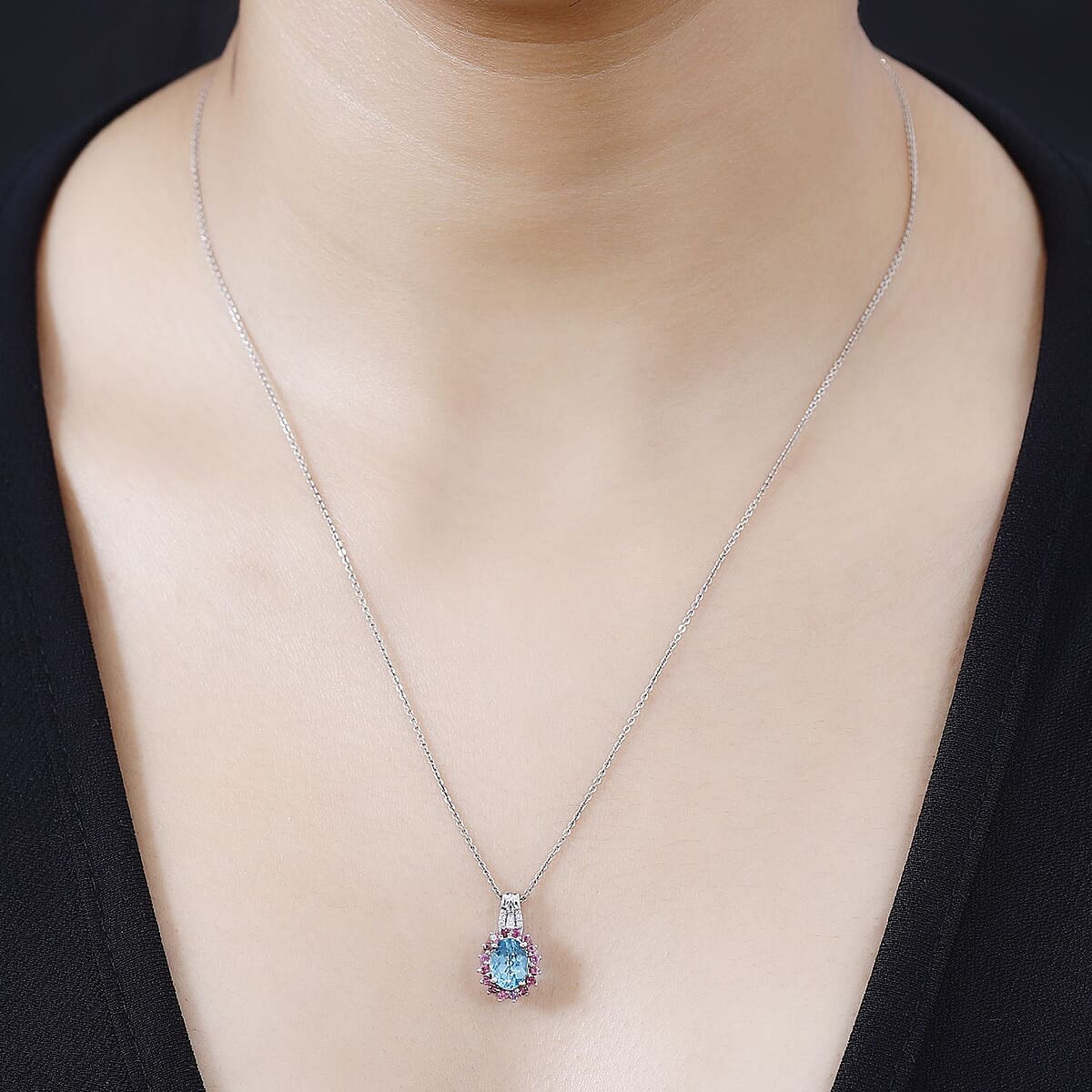 Luxoro 10K White Gold Premium Betroka Blue Apatite, Pink Tourmaline and G-H I2 Diamond Pendant 1.55 ctw image number 2