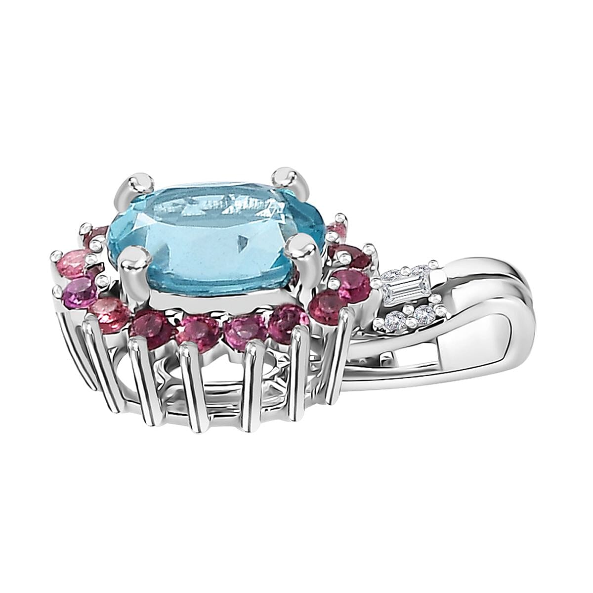 Luxoro 10K White Gold Premium Betroka Blue Apatite, Pink Tourmaline and G-H I2 Diamond Pendant 1.55 ctw image number 3
