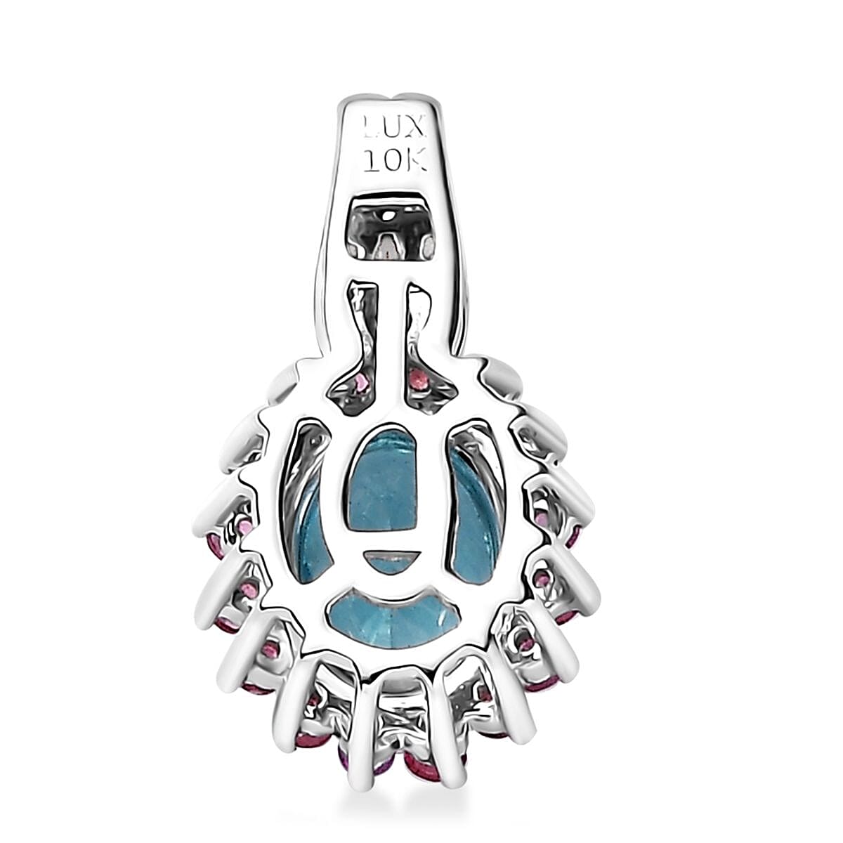 Luxoro 10K White Gold Premium Betroka Blue Apatite, Pink Tourmaline and G-H I2 Diamond Pendant 1.55 ctw image number 4