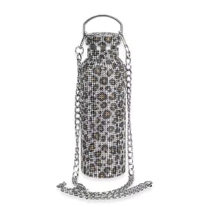 Crystal Studded Double Walled Stainless Steel Water Bottle with Detachable Chain Shoulder Strap 20oz- Leopard Pattern