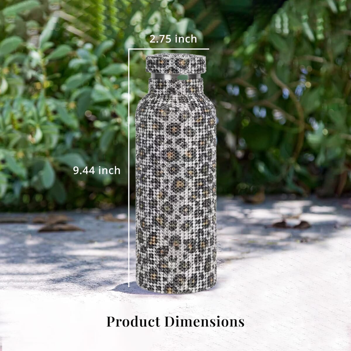 Crystal Studded Double Walled Stainless Steel Water Bottle with Detachable Chain Shoulder Strap 20oz- Leopard Pattern image number 5