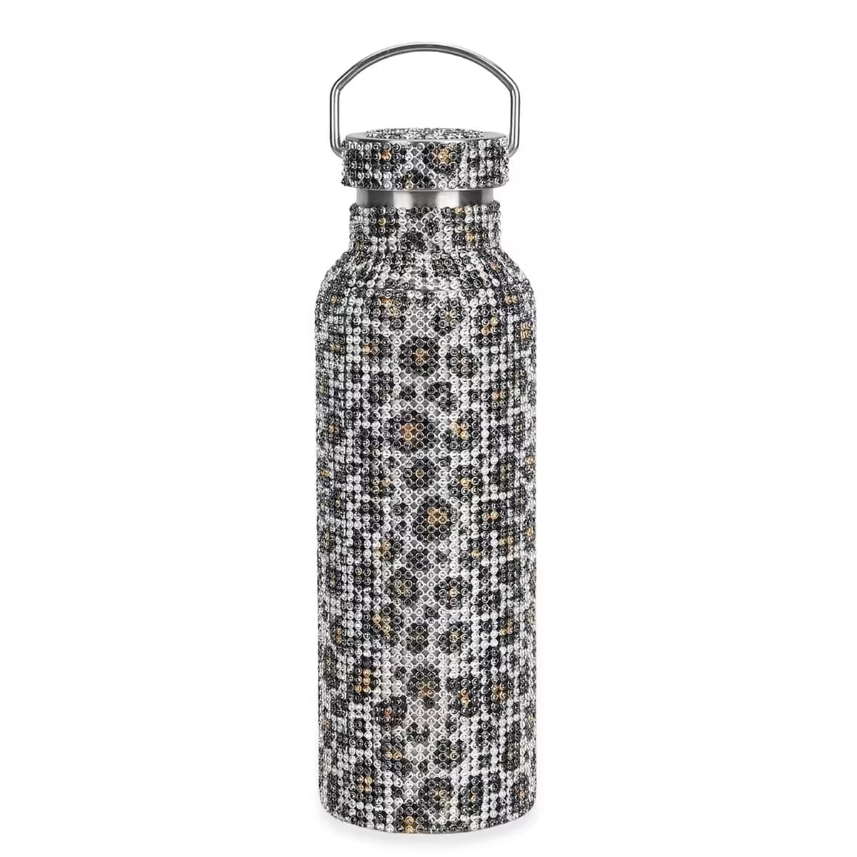 Crystal Studded Double Walled Stainless Steel Water Bottle with Detachable Chain Shoulder Strap 20oz- Leopard Pattern image number 6