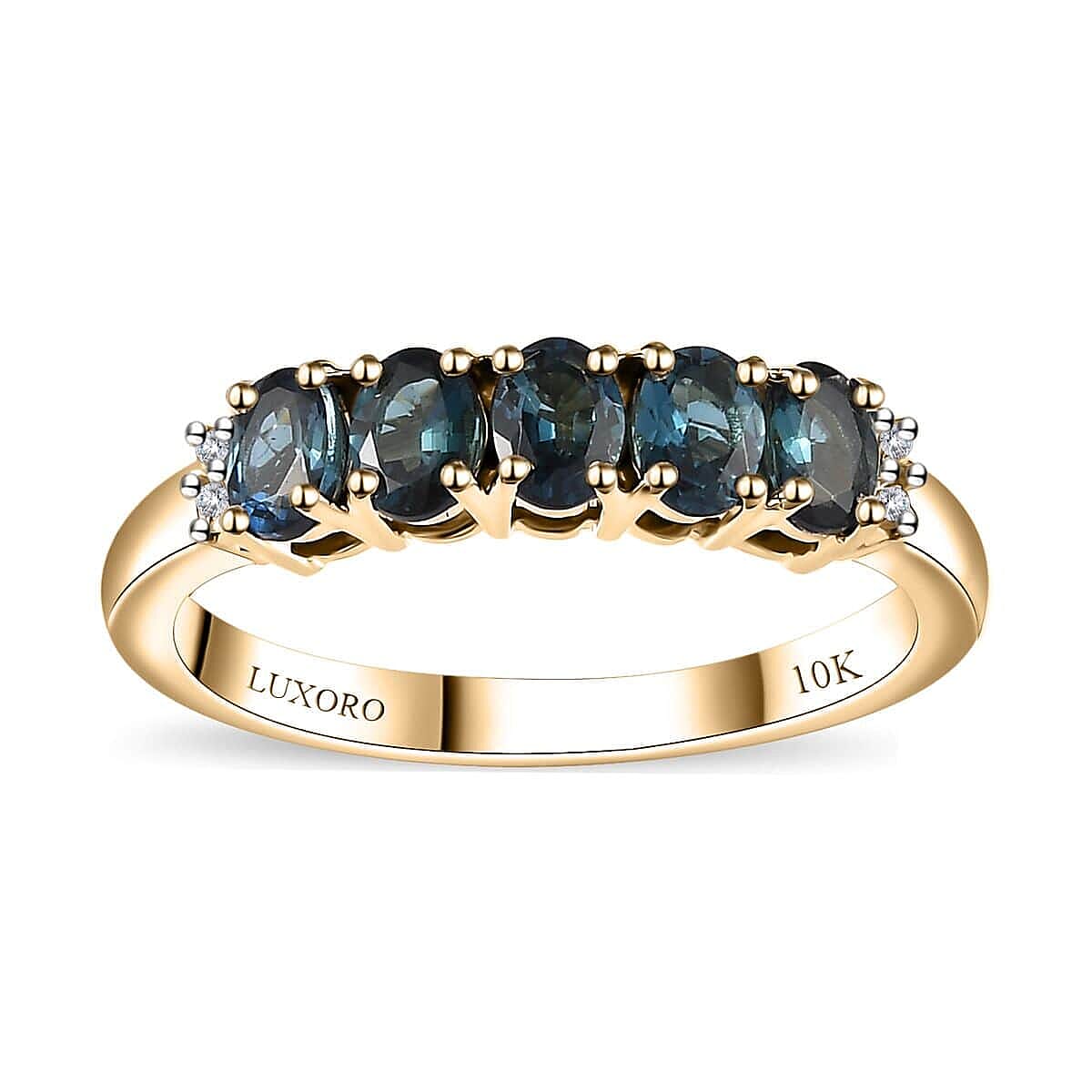 Luxoro Premium Monte Belo Indicolite and I2 Diamond 1.10 ctw 5 Stone Ring in 10K Yellow Gold (Size 6.0)