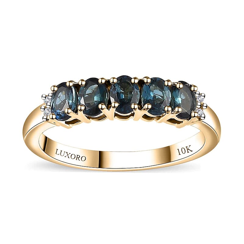 Luxoro Premium Monte Belo Indicolite and I2 Diamond 1.10 ctw 5 Stone Ring in 10K Yellow Gold (Size 6.0)