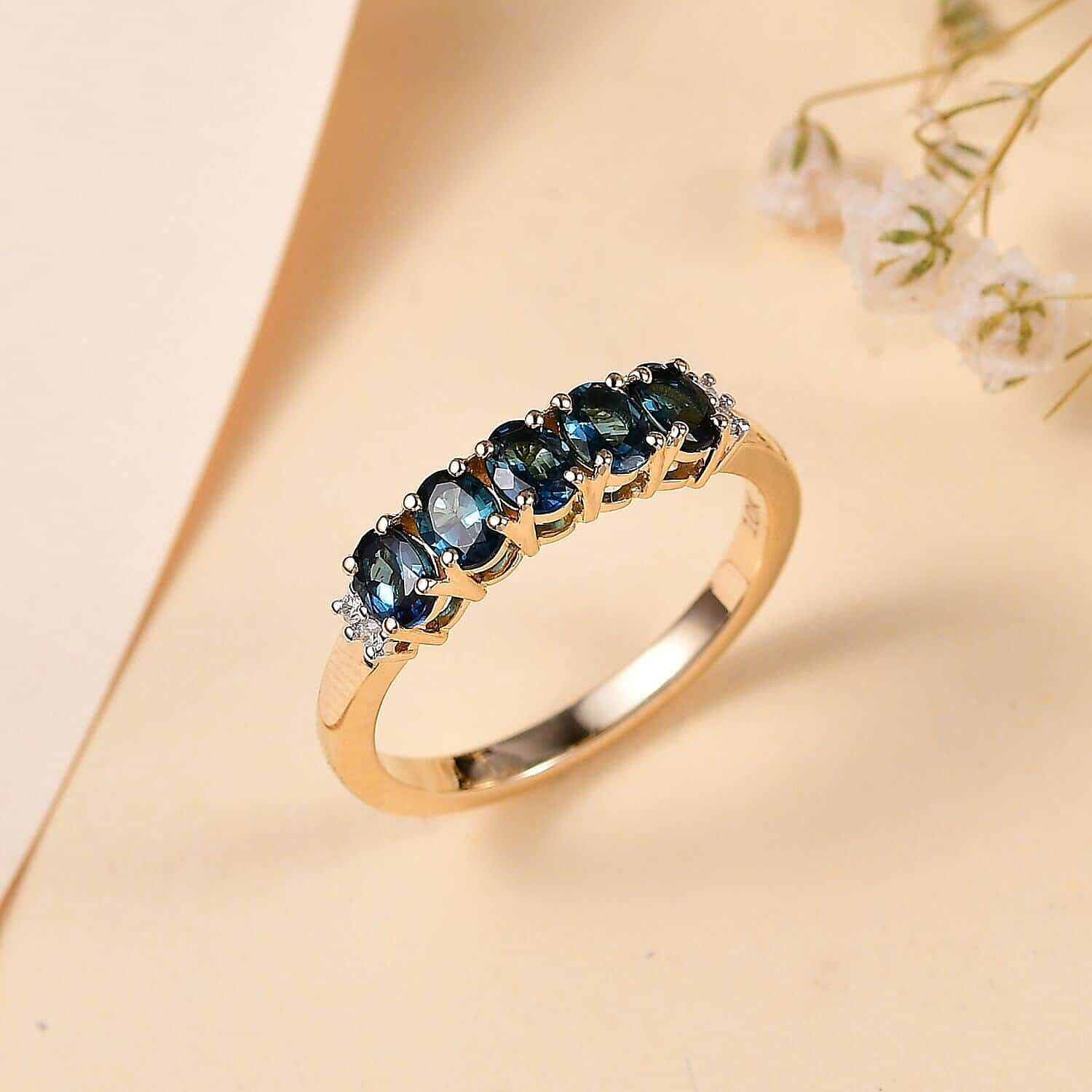 Luxoro Premium Monte Belo Indicolite and I2 Diamond 1.10 ctw 5 Stone Ring in 10K Yellow Gold (Size 6.0)
