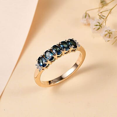 Luxoro Premium Monte Belo Indicolite and I2 Diamond 1.10 ctw 5 Stone Ring in 10K Yellow Gold (Size 6.0)