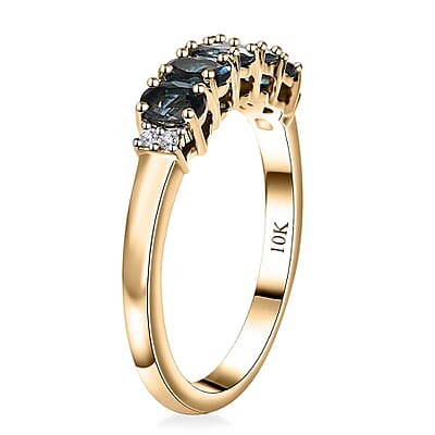 Luxoro Premium Monte Belo Indicolite and I2 Diamond 1.10 ctw 5 Stone Ring in 10K Yellow Gold (Size 6.0)