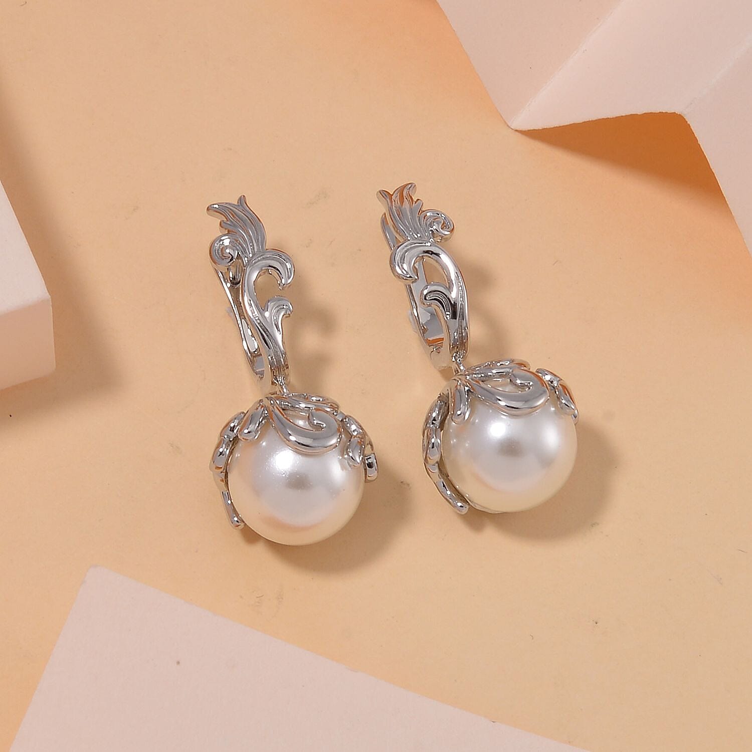 White Shell Pearl Earrings in Silvertone and Stainless Steel
