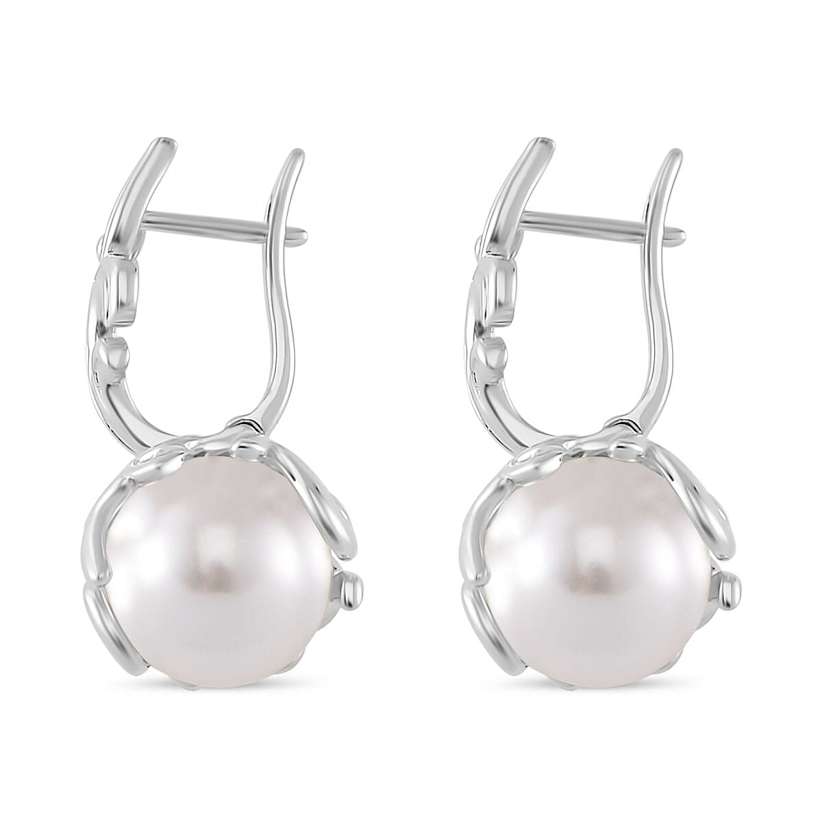 White Shell Pearl Earrings in Silvertone and Stainless Steel