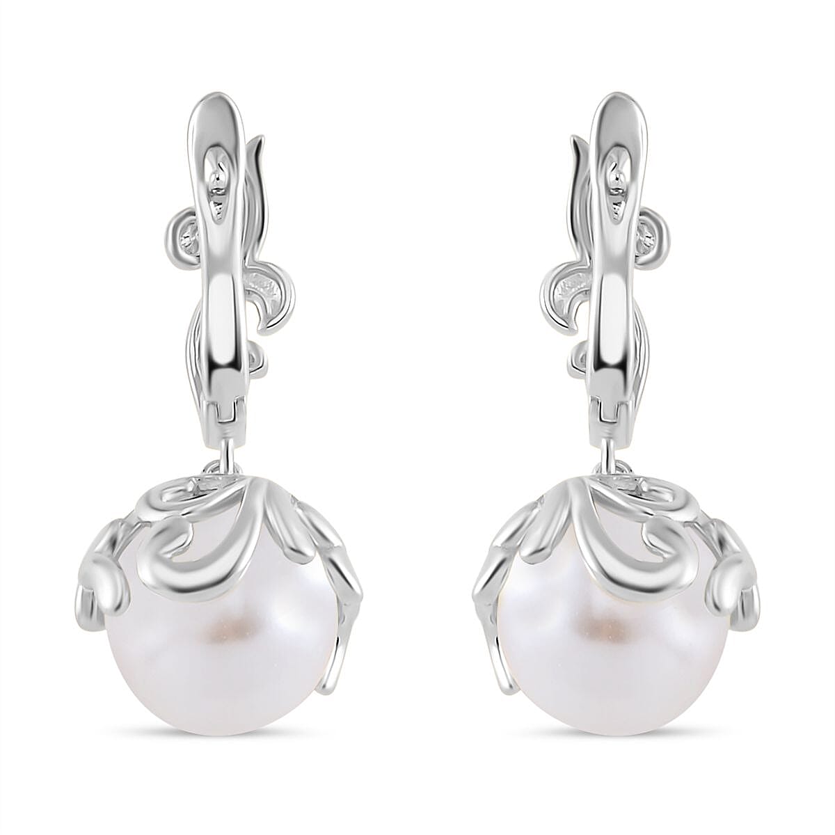 White Shell Pearl Earrings in Silvertone and Stainless Steel